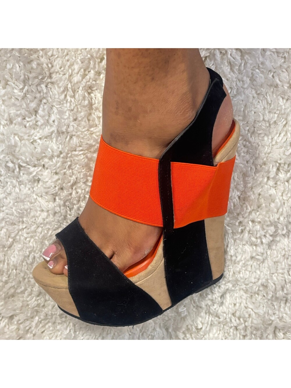 Rouge Platform Wedge Sandals Black Orange Colorblock Open Toe Size 7.5 Y2K Heel